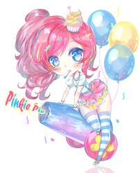 Size: 1824x2256 | Tagged: safe, artist:odaefnyo, pinkie pie, human, g4, balloon, chibi, cupcake, cute, diapinkes, female, food, heart, humanized, looking at you, party cannon, simple background, smiling, solo, white background