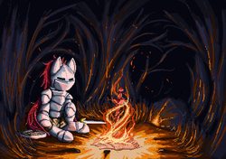 Size: 1267x891 | Tagged: safe, artist:otakuap, pony, armor, bonfire, dark souls, fire, forest, night, pixel art, solo