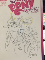 Size: 768x1024 | Tagged: safe, artist:andypriceart, princess celestia, princess luna, alicorn, pony, g4, glowing, glowing horn, horn, itching powder, magic, prank, royal sisters, scratching, telekinesis, traditional art, trollestia, whistling