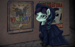 Size: 1700x1080 | Tagged: safe, artist:wourdeluck, coloratura, rainbow dash, pegasus, pony, fallout equestria, g4, clothes, dress, evening, fanfic, fanfic art, female, hooves, mare, ministry mares, ministry of awesome, poster, propaganda, raised hoof, rara, shadowbolts, solo, spread wings, text, walking, wings