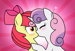 Size: 1047x710 | Tagged: safe, artist:tarana10, apple bloom, sweetie belle, earth pony, pony, unicorn, g4, blushing, cute, duo, eyes closed, female, filly, heart, kiss on the lips, kissing, lesbian, ship:sweetiebloom, shipping, surprise kiss, surprised, wide eyes