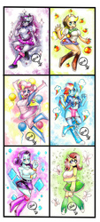 Size: 600x1323 | Tagged: safe, artist:onat, applejack, fluttershy, pinkie pie, rainbow dash, rarity, twilight sparkle, hybrid, anthro, plantigrade anthro, equestria girls, g4, apple, blushing, boots, bracelet, breasts, busty applejack, busty fluttershy, busty pinkie pie, busty rainbow dash, busty rarity, busty twilight sparkle, clothes, compression shorts, cutie mark, denim skirt, equestria girls outfit, female, food, glasses, mane six, miniskirt, mixed media, pinup, pleated skirt, shoes, shorts, skirt, socks, traditional art, twilight sparkle (alicorn), watercolor painting