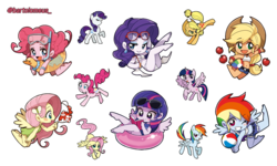 Size: 750x450 | Tagged: safe, artist:bartolomeus_, applejack, fluttershy, pinkie pie, rainbow dash, rarity, twilight sparkle, human, equestria girls, g4, apple, beach ball, bedroom eyes, bikini, blushing, chibi, clothes, cute, drink, food, glasses, humanized, looking at you, mane six, pony coloring, shorts, simple background, snorkel, swimsuit, transparent background, twilight sparkle (alicorn), wink