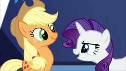 Size: 1920x1080 | Tagged: safe, screencap, applejack, rarity, castle sweet castle, g4, grin, scrunchy face