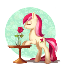 Size: 1500x1795 | Tagged: safe, artist:lis-alis, roseluck, earth pony, pony, g4, abstract background, commissioner:doom9454, cute, eyes closed, female, flower, fluffy, long tail, mare, rose, sniffing, solo, table, vase
