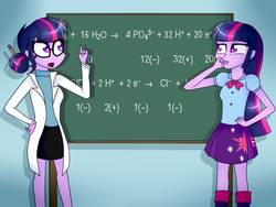 Size: 800x600 | Tagged: dead source, safe, artist:ultrard, sci-twi, twilight sparkle, equestria girls, g4, chalkboard, chemistry, clothes, colored pupils, duo, female, glasses, miniskirt, science, skirt, twolight