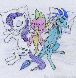 Size: 800x820 | Tagged: safe, artist:el-yeguero, princess ember, rarity, spike, dragon, pony, unicorn, g4, gauntlet of fire, bisexual, dragon x pony, female, interspecies, lesbian, lucky bastard, male, morning after, polyamory, ship:emberity, ship:emberspike, ship:sparember, ship:sparity, shipping, sleeping, spike gets all the mares, straight, traditional art