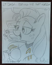 Size: 2122x2642 | Tagged: safe, artist:andy price, derpibooru exclusive, applejack, twilight sparkle, pony, g4, babscon, commission, crossover, duo, high res, hilarious in hindsight, implied rainbow dash, james t kirk, lineart, pencil drawing, photo, sketch, solo focus, star trek, traditional art, uss enterprise