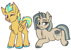 Size: 731x515 | Tagged: safe, artist:lulubell, oc, oc only, oc:gloom and doom, oc:livewire, pegasus, pony, unicorn, female, mare, simple background, transparent background