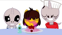 Size: 1271x722 | Tagged: safe, artist:☆НеаДекват animations☆, food, frisk, papyrus (undertale), pasta, ponified, sans (undertale), skeleton, spaghetti, undertale