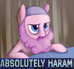 Size: 494x462 | Tagged: safe, artist:cybikum, pinkie pie, g4, absolutely disgusting, absolutely haram, beard, female, islam, meme, religion, religion in the comments, solo, text