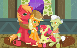 Size: 1024x640 | Tagged: safe, artist:lukalukalu, apple bloom, applejack, big macintosh, granny smith, earth pony, pony, g4, apple bloom's bow, apple siblings, apple sisters, applejack's hat, bow, braid, brother and sister, chocolate, clothes, cottagecore, cowboy hat, cutie mark, days gone by, ear fluff, female, filly, food, granny smith's shawl, hair bow, hat, hot chocolate, male, scarf, siblings, singing, sisters, stallion, the cmc's cutie marks