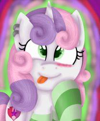 Size: 1024x1229 | Tagged: safe, artist:fennelynthefennekin1, sweetie belle, pony, g4, :p, backwards cutie mark, clothes, cutie mark, earring, female, older, piercing, silly, silly pony, socks, solo, striped socks, teenager, the cmc's cutie marks, tongue out