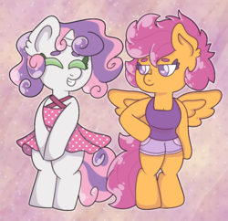 Size: 1182x1144 | Tagged: safe, artist:opalnet, scootaloo, sweetie belle, anthro, unguligrade anthro, g4, breasts, cleavage, clothes, dress, female, lesbian, marilyn monroe, ship:scootabelle, shipping