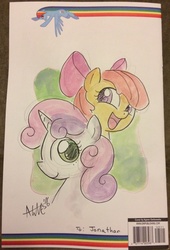 Size: 2169x3197 | Tagged: safe, artist:agnesgarbowska, idw, apple bloom, rainbow dash, sweetie belle, g4, comic book, comic cover, duo, high res, photo, sketch, traditional art, watercolor painting