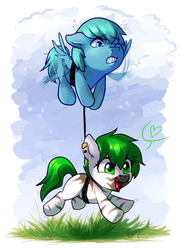 Size: 1240x1690 | Tagged: safe, artist:maccoffee, oc, oc only, earth pony, pegasus, pony, carrying, flying, foal, grass, heart, rope