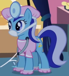 Size: 269x296 | Tagged: safe, screencap, minuette, pony, g4, luna eclipsed, clothes, costume, doctor, female, head mirror, solo