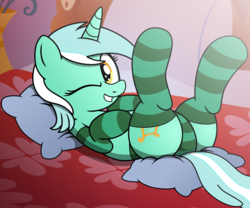 Size: 3000x2500 | Tagged: safe, artist:an-tonio, artist:pananovich, artist:php11, lyra heartstrings, pony, unicorn, g4, bed, butt, clothes, cute, female, high res, looking at you, lying down, mare, on back, on bed, one eye closed, panties, plot, smiling, socks, solo, striped panties, striped socks, striped underwear, underwear, wink