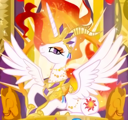 Size: 475x446 | Tagged: safe, enterplay, nightmare star, princess celestia, alicorn, pony, absolute discord, g4, my little pony collectible card game, ccg, cropped, female, horn, mare, merchandise, outfit catalog, regalia, solo, spread wings, wings