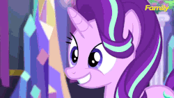 Size: 640x360 | Tagged: safe, edit, edited edit, edited screencap, screencap, starlight glimmer, sunset shimmer, twilight sparkle, alicorn, pony, unicorn, g4, no second prances, animated, cardboard cutout, counterparts, female, frown, grin, gritted teeth, hilarious in hindsight, magical trio, mare, open mouth, raised hoof, smiling, smirk, snaplight glimmer, starlight's new friend, this will end in tears, twilight sparkle (alicorn), twilight's counterparts, wide eyes