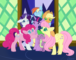 Size: 1438x1128 | Tagged: safe, artist:orcakisses, applejack, fluttershy, pinkie pie, rainbow dash, rarity, spike, twilight sparkle, alicorn, pony, castle sweet castle, g4, female, group hug, happy, mane seven, mane six, mare, scene interpretation, smiling, tears of joy, twilight sparkle (alicorn), twilight's castle