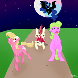 Size: 2000x2000 | Tagged: safe, artist:orcakisses, daisy, flower wishes, lily, lily valley, nightmare moon, roseluck, alicorn, earth pony, pony, g4, flower trio, flying, grass, high res, moon, night, panic, road, running, scared, stars, the horror, tripped