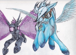 Size: 2338x1701 | Tagged: safe, artist:scribblepwn3, oc, oc only, oc:dark tempest, oc:draconis, alicorn, changeling, hengstwolf, pony, alicorn oc, commission, flying, ink, purple changeling, traditional art, watercolor painting
