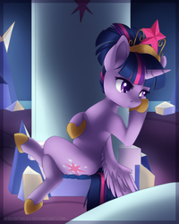 Size: 800x1000 | Tagged: safe, artist:silentwulv, twilight sparkle, alicorn, pony, g4, alternate hairstyle, crossed legs, female, friendship throne, hoof on chin, horseshoes, mare, solo, throne, throne slouch, twilight sparkle (alicorn)