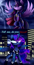 Size: 2000x3800 | Tagged: safe, artist:magnaluna, princess luna, twilight sparkle, alicorn, pony, g4, batman, batman v superman: dawn of justice, city, clothes, crossover, female, glowing eyes, high res, lightning, male, mare, night, superman, twilight sparkle (alicorn)