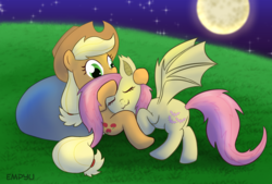 Size: 1000x677 | Tagged: safe, artist:empyu, applejack, fluttershy, bat pony, earth pony, pony, g4, :3, bat ponified, cuddling, duo, flutterbat, moon, night, race swap, snuggling