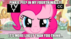 Size: 891x500 | Tagged: safe, screencap, pinkie pie, a friend in deed, g4, fourth wall, image macro, meme, tv rating