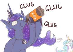 Size: 1280x918 | Tagged: safe, artist:nobody, artist:themox, edit, princess celestia, princess luna, g4, chug chug chug chug, chugging, drinking, moxie soda, soda, swallowing, throat bulge