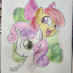 Size: 1080x1080 | Tagged: safe, artist:agnes garbowska, apple bloom, sweetie belle, g4, traditional art