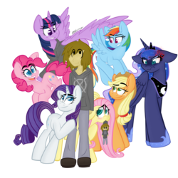 Size: 2000x2000 | Tagged: safe, artist:hoodwinkedtales, applejack, fluttershy, pinkie pie, princess luna, rainbow dash, rarity, twilight sparkle, oc, oc:ryan burbank, alicorn, human, pony, fanfic:blank, g4, clothes, fanfic art, female, floppy ears, high res, hoodie, jealous, jeans, mare, pants, plushie, scrunchy face, simple background, twilight sparkle (alicorn), white background