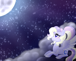 Size: 2100x1700 | Tagged: safe, artist:kaikururu, oc, oc only, oc:shiver night, pegasus, pony, cloud, colored wings, female, full moon, looking up, mare, moon, night, on a cloud, outdoors, pegasus oc, solo, stars, two toned wings, wings
