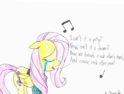 Size: 3284x2497 | Tagged: safe, artist:endlesswire94, fluttershy, g4, crying, floppy ears, george harrison, high res, isn't it a pity?, lyrics, music notes, ponytones outfit, sad, singing, text