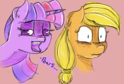 Size: 863x588 | Tagged: safe, artist:post-it, applejack, twilight sparkle, pony, g4, blushing, bust, colored sketch, food, heresy, pear, pink background, scrunchy face, simple background, sketch