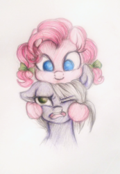 Size: 776x1120 | Tagged: safe, artist:buttersprinkle, limestone pie, pinkie pie, g4, alternate hairstyle, cute, diapinkes, hair bow, pigtails, traditional art