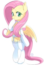 Size: 544x813 | Tagged: safe, artist:mococo, fluttershy, pegasus, pony, g4, bipedal, blushing, butt wings, clothes, cute, female, garter belt, hoof on chin, lingerie, looking at you, looking sideways, mare, shyabetes, simple background, solo, spread wings, standing on two hooves, stockings, thigh highs, white background, wings