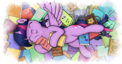 Size: 1219x650 | Tagged: safe, artist:flufflelord, twilight sparkle, alicorn, pony, fallout equestria, g4, adorkable, book, book nest, bookhorse, cute, dork, eyes closed, female, fluffy, mare, mare in the moon, moon, on back, pile of books, princess sleeping on books, solo, spread wings, that pony sure does love books, twiabetes