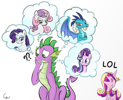 Size: 1030x840 | Tagged: safe, artist:cogweaver, princess cadance, princess ember, rarity, spike, starlight glimmer, sweetie belle, dragon, pony, g4, :t, :v, adult, adult spike, bedroom eyes, cadance laughs at your misery, colored, confused, cute, emberbetes, eyes closed, female, floppy ears, frown, funny, funny as hell, gritted teeth, hilarious in hindsight, laughing, lol, male, older, older spike, older sweetie belle, open mouth, question mark, scrunchy face, ship:emberspike, ship:sparity, ship:sparlight, ship:spikebelle, shipping, simple background, smiling, spikabetes, spike gets all the mares, straight, thought bubble, tsundember, tsundere, white background, with great power comes great shipping, worried