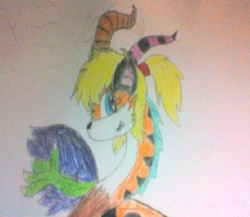 Size: 766x665 | Tagged: safe, artist:brony96, edit, oc, oc only, oc:dizzy, draconequus, solo, traditional art