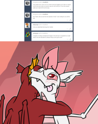 Size: 1280x1609 | Tagged: safe, artist:dmann892, fizzle, garble, dragon, ask closet fizzle, g4, gauntlet of fire, ask, blushing, garble's hugs, hug, teenaged dragon, tongue out, tumblr, wingboner