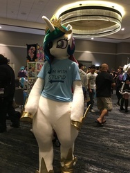 Size: 600x800 | Tagged: safe, artist:toki, princess celestia, human, g4, babscon, babscon 2016, clothes, cosplay, costume, cute, fursuit, i'm with stupid, irl, irl human, photo, shirt, solo, text on clothing, text on shirt