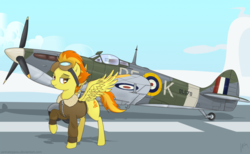 Size: 1024x631 | Tagged: safe, artist:wonkysole, spitfire, pegasus, pony, g4, bomber jacket, female, goggles, namesake, plane, solo, supermarine spitfire