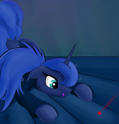 Size: 1910x2000 | Tagged: safe, artist:twiren, edit, princess luna, pony, g4, behaving like a cat, clothes, cute, dock, female, hunting, laser, laser pointer, lunabetes, magic, shirt, silly, silly pony, sitting, solo, tongue out