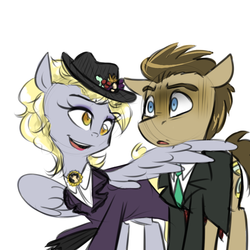Size: 750x750 | Tagged: safe, artist:craftykraken, derpy hooves, doctor whooves, time turner, pegasus, pony, g4, blouse, blushing, brooch, doctor who, female, hat, jewelry, male, mare, missy, necktie, ship:doctorderpy, shipping, sketch, straight, the doctor, the master, wing hands