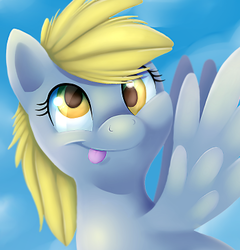 Size: 351x365 | Tagged: safe, artist:amytunnell, derpy hooves, pony, g4, bust, cute, female, happy, portrait, silly, silly pony, simple background, smiling, solo, tongue out