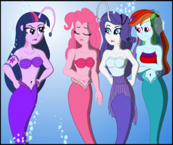 Size: 3617x3043 | Tagged: safe, artist:physicrodrigo, part of a set, pinkie pie, rainbow dash, rarity, twilight sparkle, angler fish, mermaid, series:equestria mermaids, equestria girls, g4, armband, bandeau, belly button, bra, bubble, clothes, crossed arms, dress, earfins, eyes closed, gills, group, high res, mermaidized, midriff, ocean, part of a series, quartet, scolding, seashell, seashell bra, species swap, story included, torn clothes, underwater, underwear