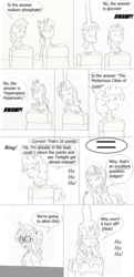 Size: 798x1647 | Tagged: safe, artist:zero, applejack, pinkie pie, princess cadance, queen chrysalis, starlight glimmer, twilight sparkle, g4, dork, dorkalis, double dare, figure it out, game show, hyperspace hyperwars, monochrome, slime